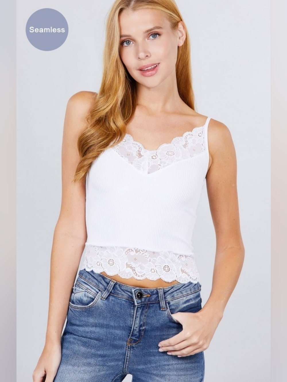 Active USA Lace Trim Ribbed Cami Cropped Tank - 4 Pack /Blue, White, Black, Nude - Picture 3 of 5